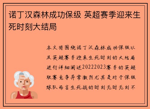 诺丁汉森林成功保级 英超赛季迎来生死时刻大结局