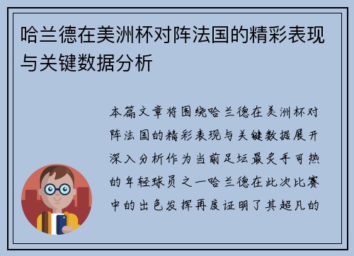 哈兰德在美洲杯对阵法国的精彩表现与关键数据分析