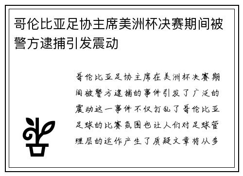 哥伦比亚足协主席美洲杯决赛期间被警方逮捕引发震动